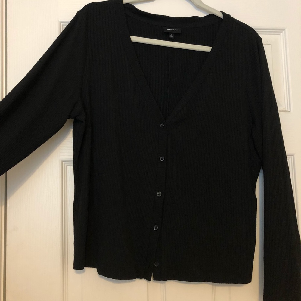 A button up, black cardigan sweater